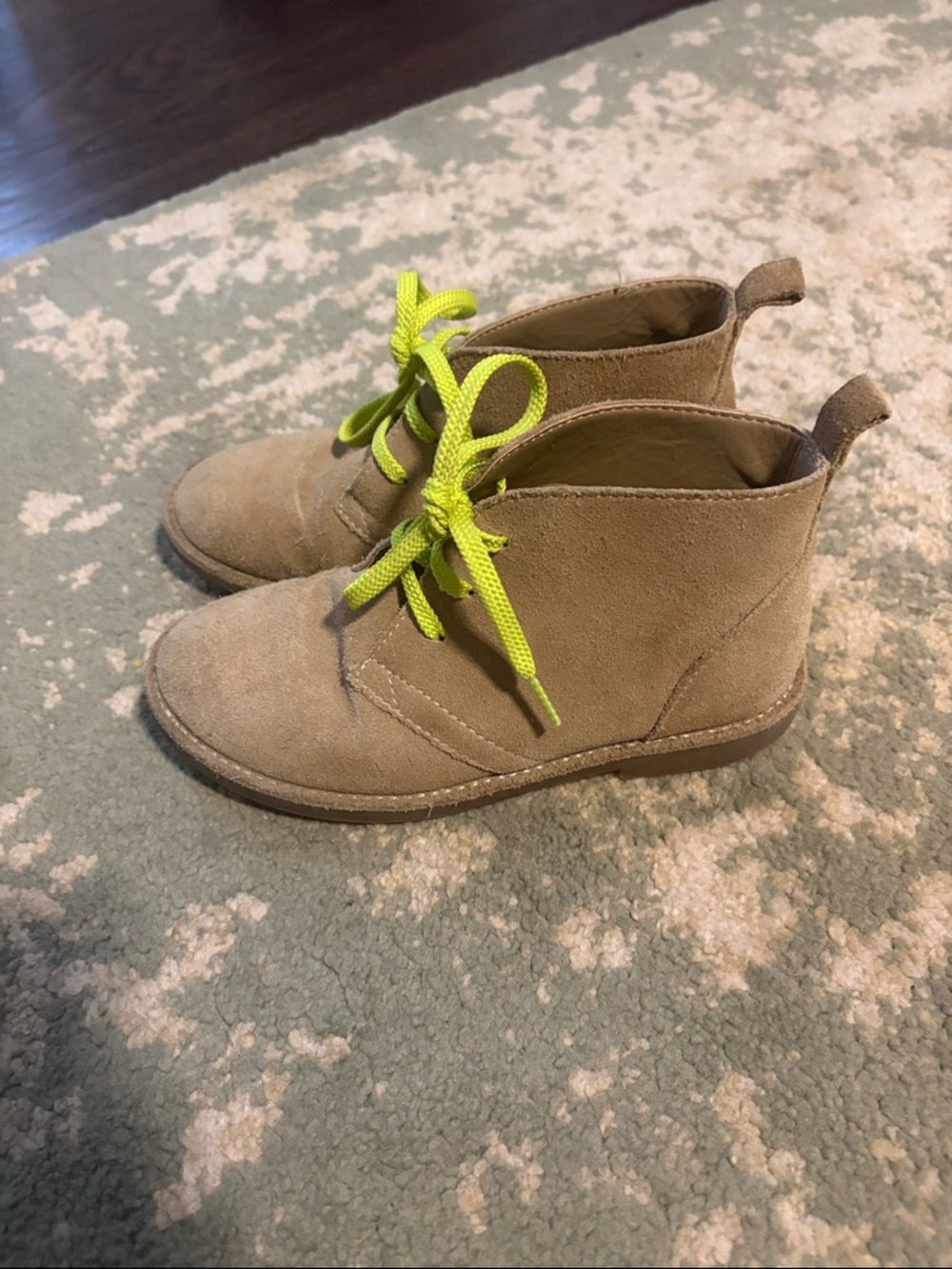 Lands' End Kids Tan Suede Ankle Boots with Neon Yellow Laces size 13 m boys
